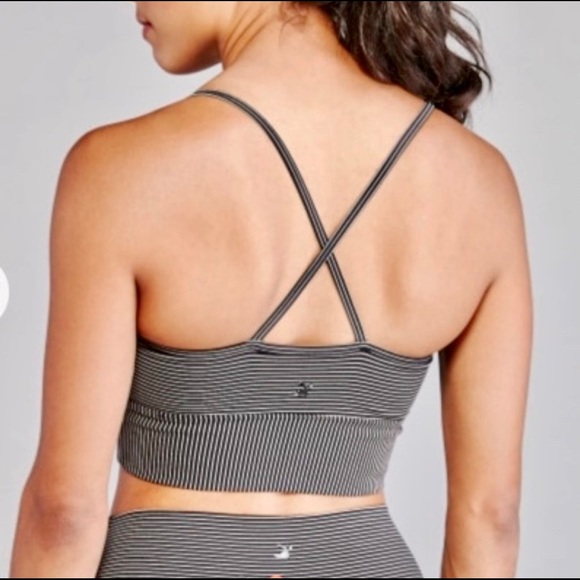 GLYDER NWOT PREMIER BLACK/ ADOBE ROSE STRIPE WORKOUT BRA AND LINEAR LEGGING SET - Picture 3 of 16